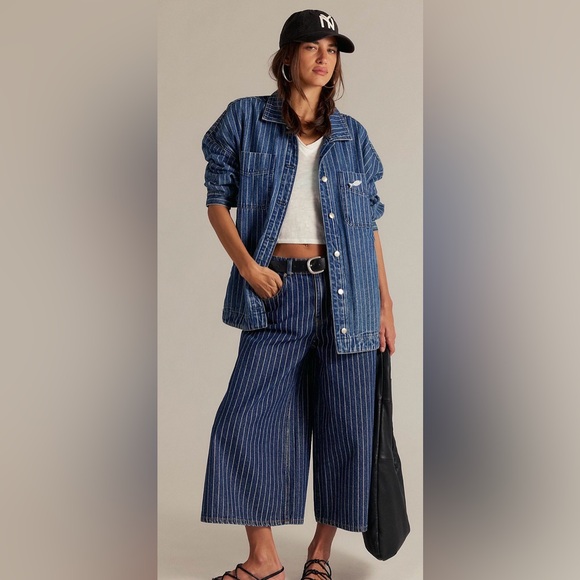 We The Free Pants - Free People Blue Striped Denim Culotte